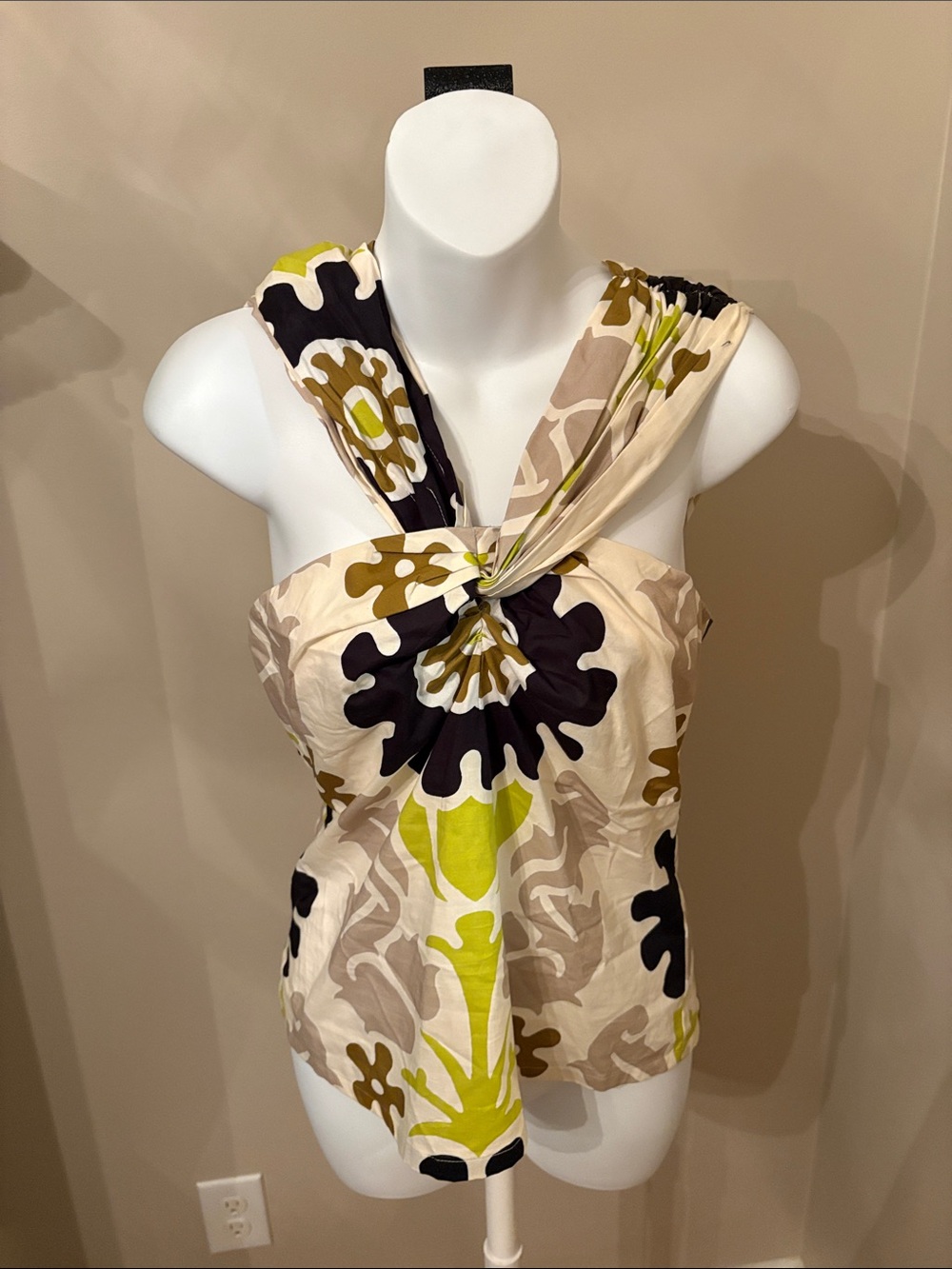 Natori Twist-Front Talitha asymmetrical top in Cream, Black & Lime
